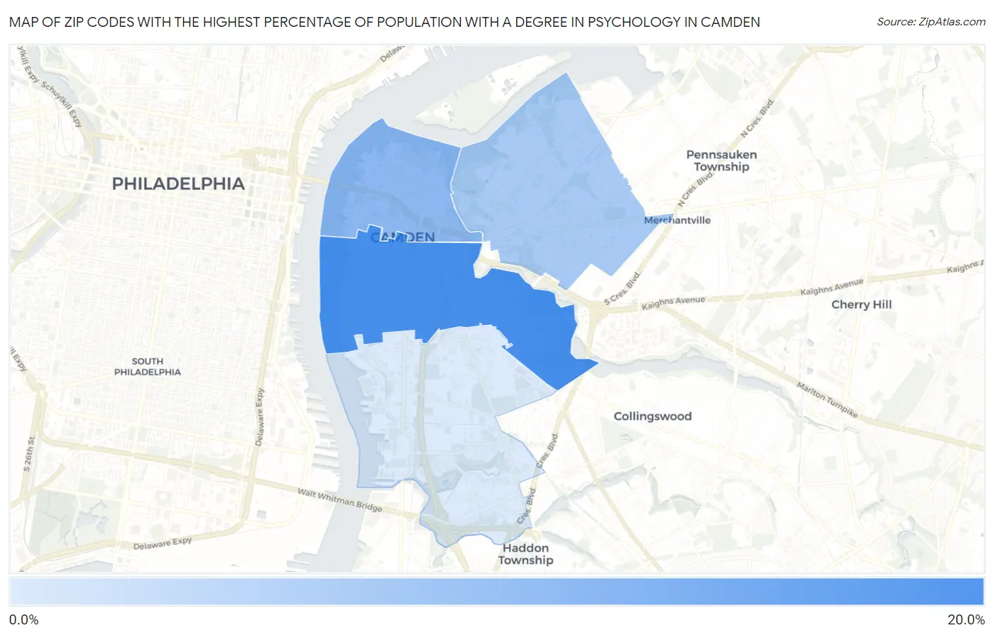 Zip Codes with the Highest Percentage of Population with a Degree in Psychology in Camden Map
