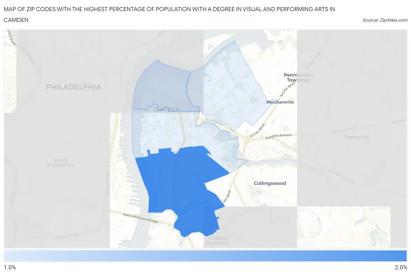 Zip Codes with the Highest Percentage of Population with a Degree in Visual and Performing Arts in Camden Map