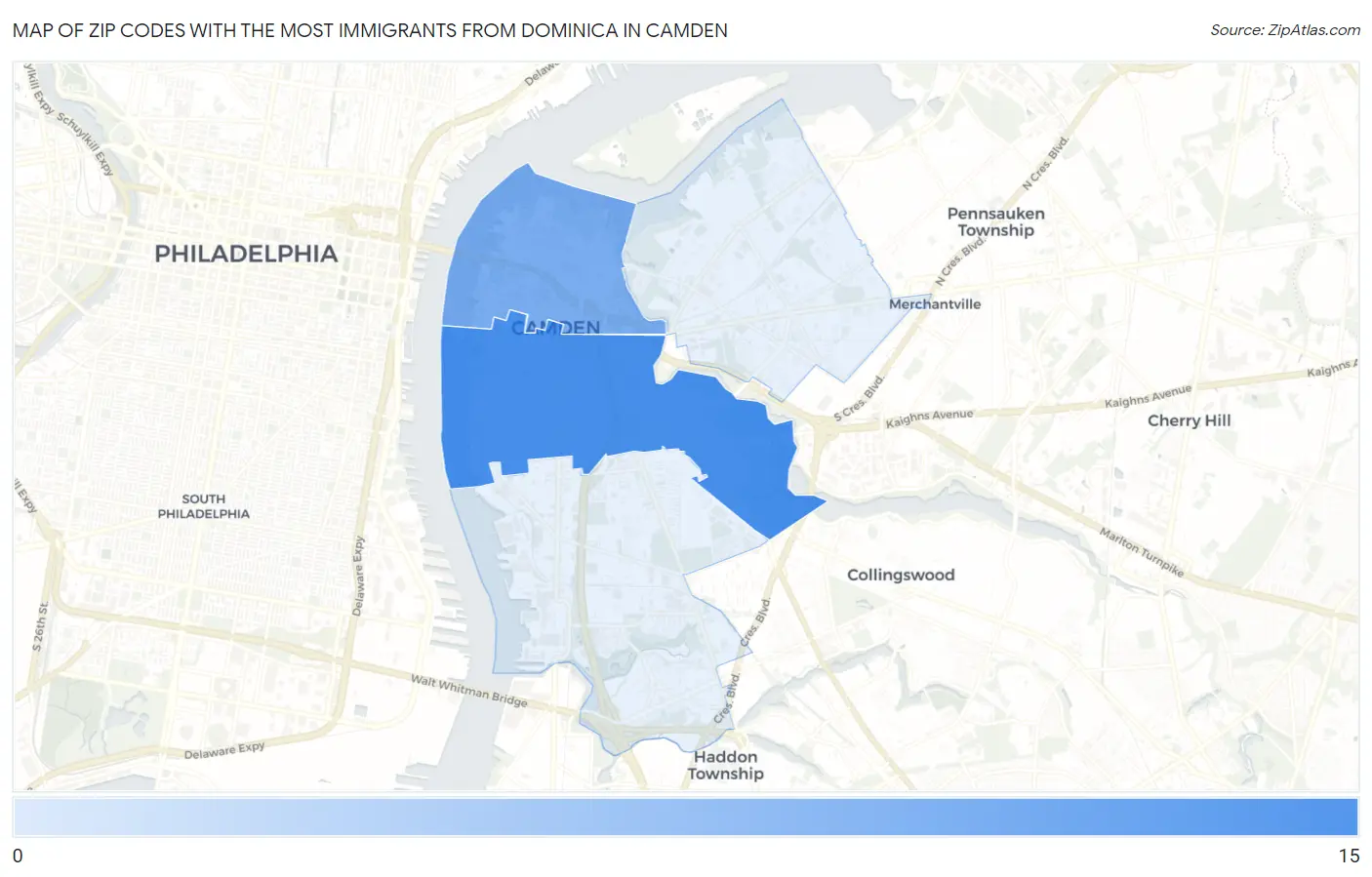 Zip Codes with the Most Immigrants from Dominica in Camden Map