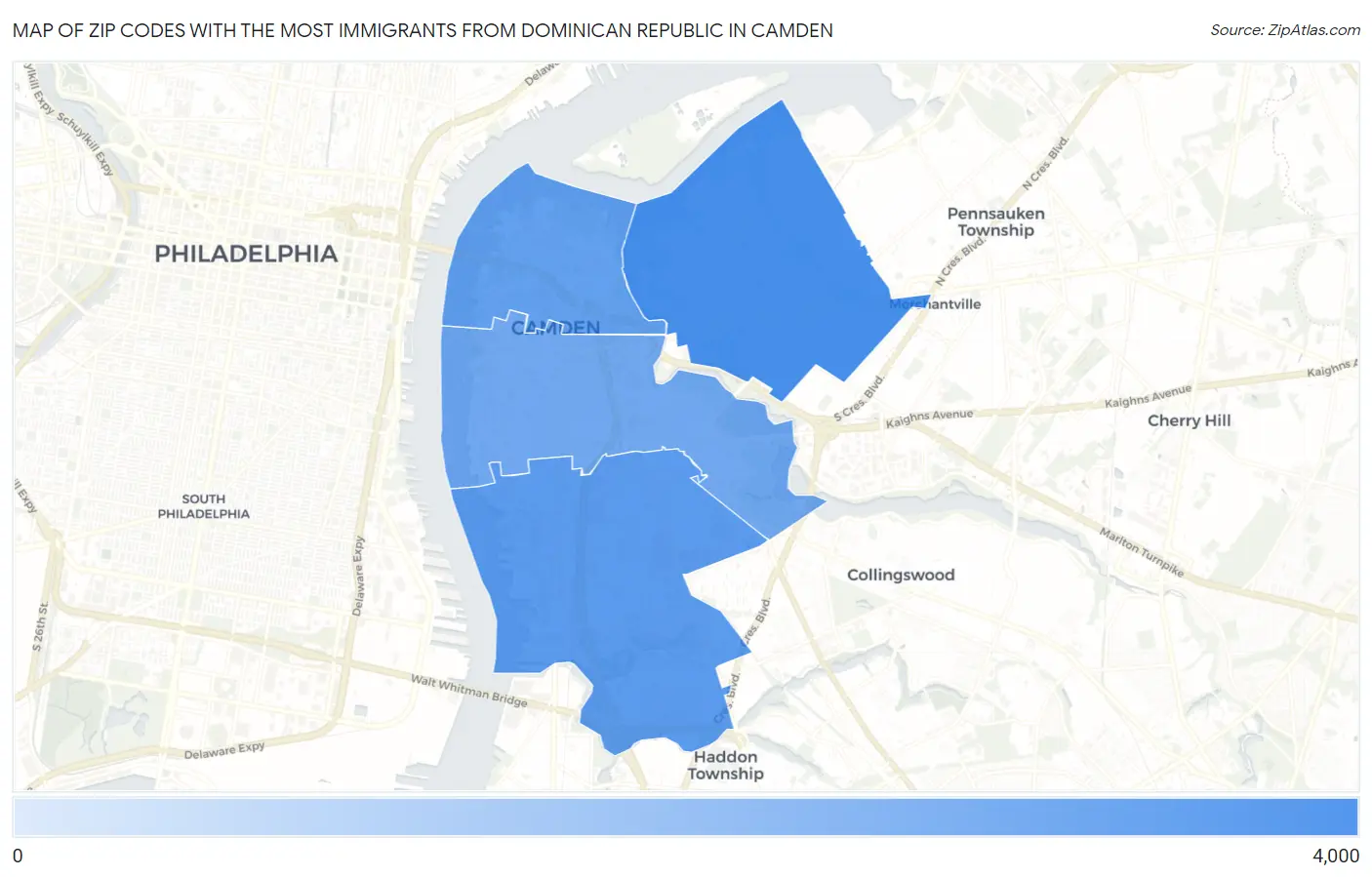 Zip Codes with the Most Immigrants from Dominican Republic in Camden Map