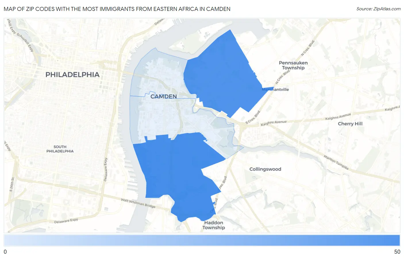 Zip Codes with the Most Immigrants from Eastern Africa in Camden Map