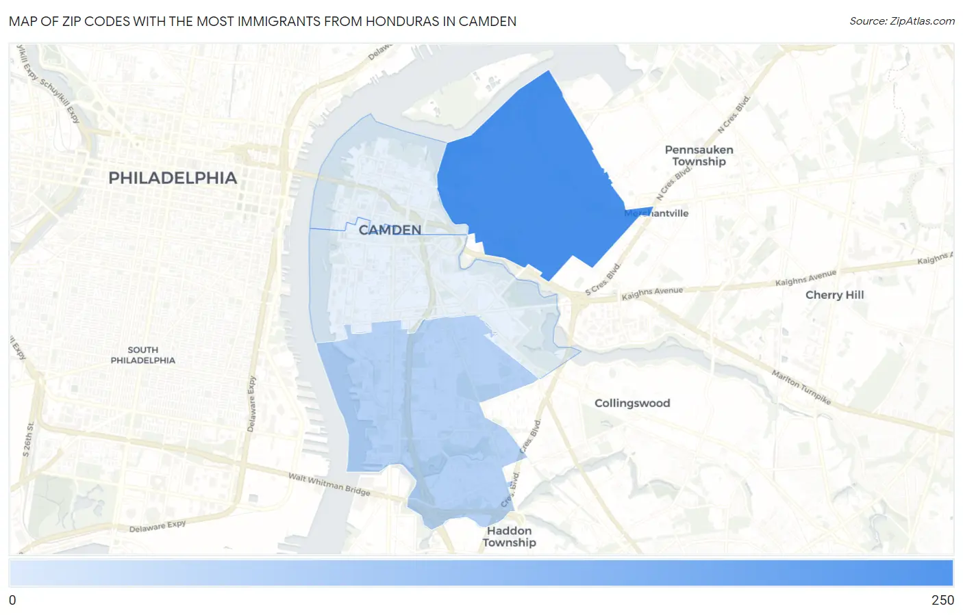 Zip Codes with the Most Immigrants from Honduras in Camden Map