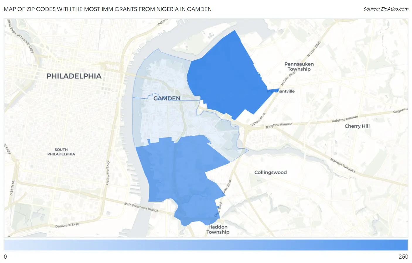 Zip Codes with the Most Immigrants from Nigeria in Camden Map