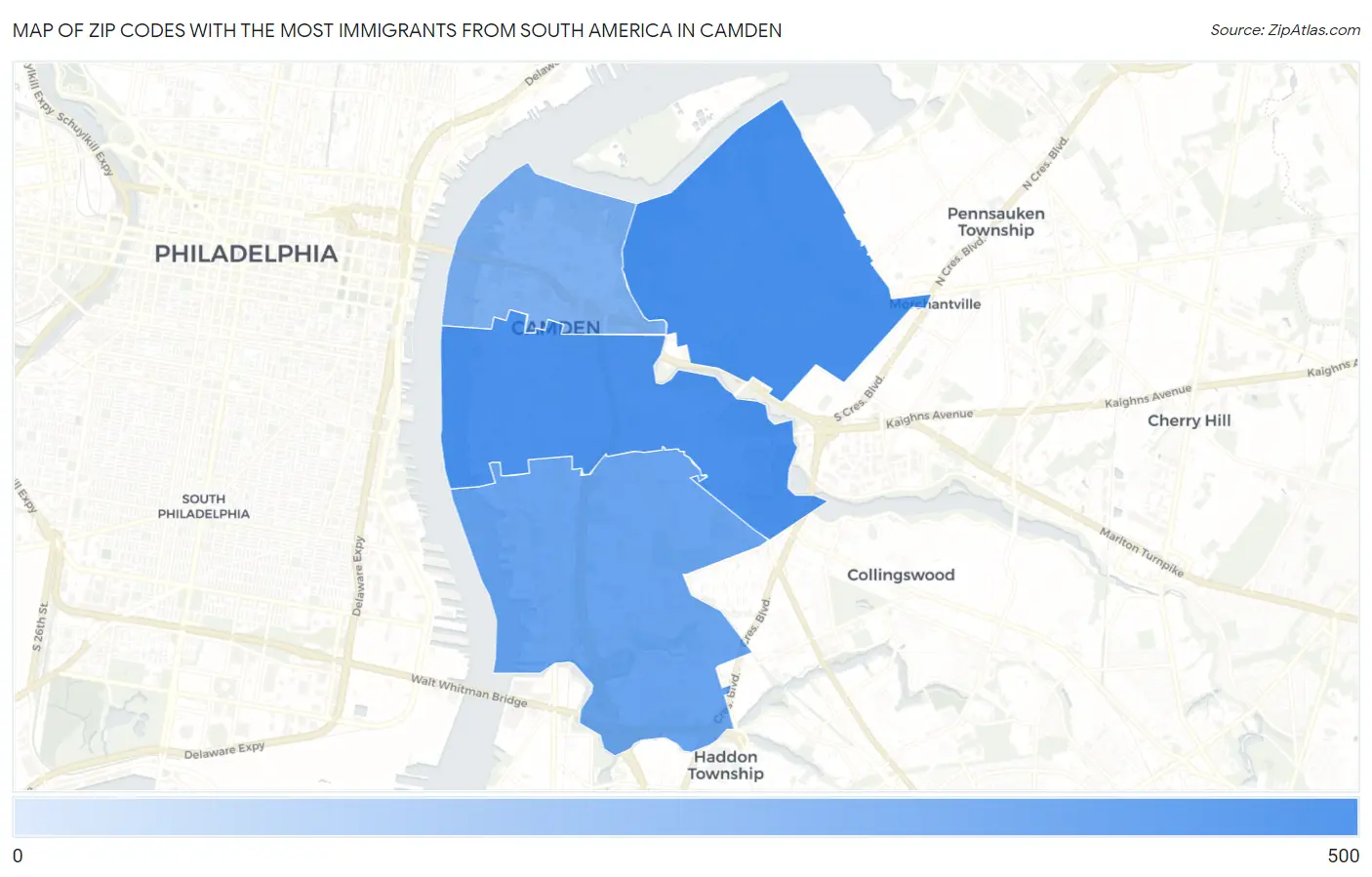 Zip Codes with the Most Immigrants from South America in Camden Map