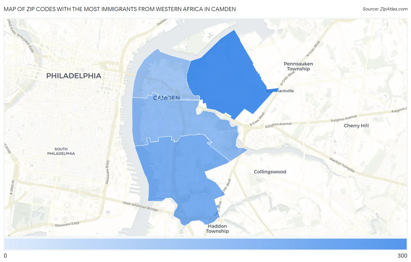 Zip Codes with the Most Immigrants from Western Africa in Camden Map