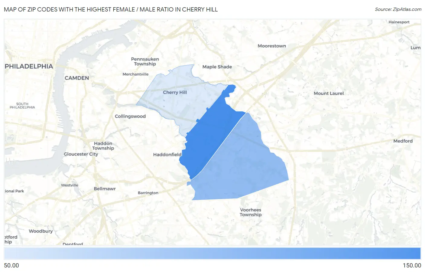 Zip Codes with the Highest Female / Male Ratio in Cherry Hill Map