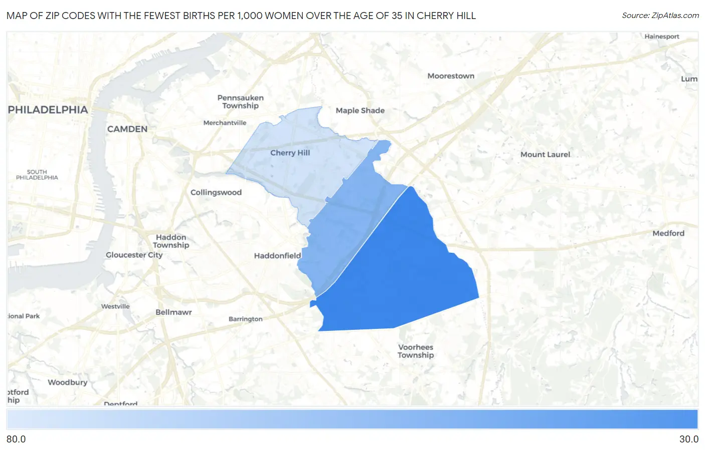 Zip Codes with the Fewest Births per 1,000 Women Over the Age of 35 in Cherry Hill Map