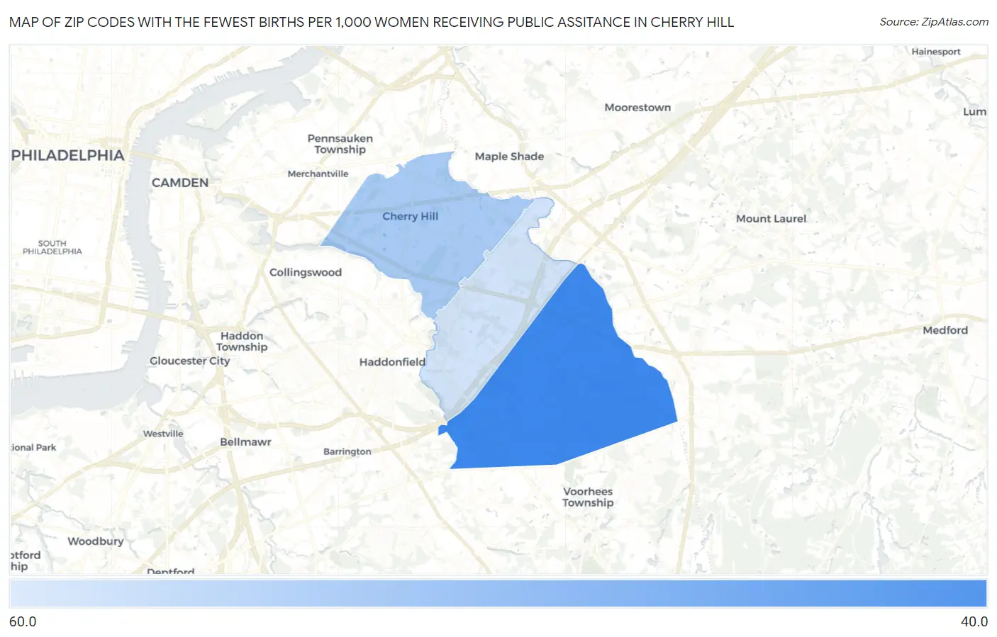 Zip Codes with the Fewest Births per 1,000 Women Receiving Public Assitance in Cherry Hill Map