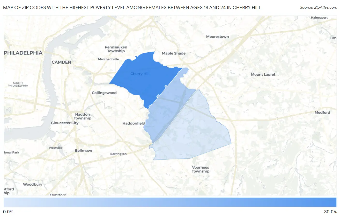 Zip Codes with the Highest Poverty Level Among Females Between Ages 18 and 24 in Cherry Hill Map