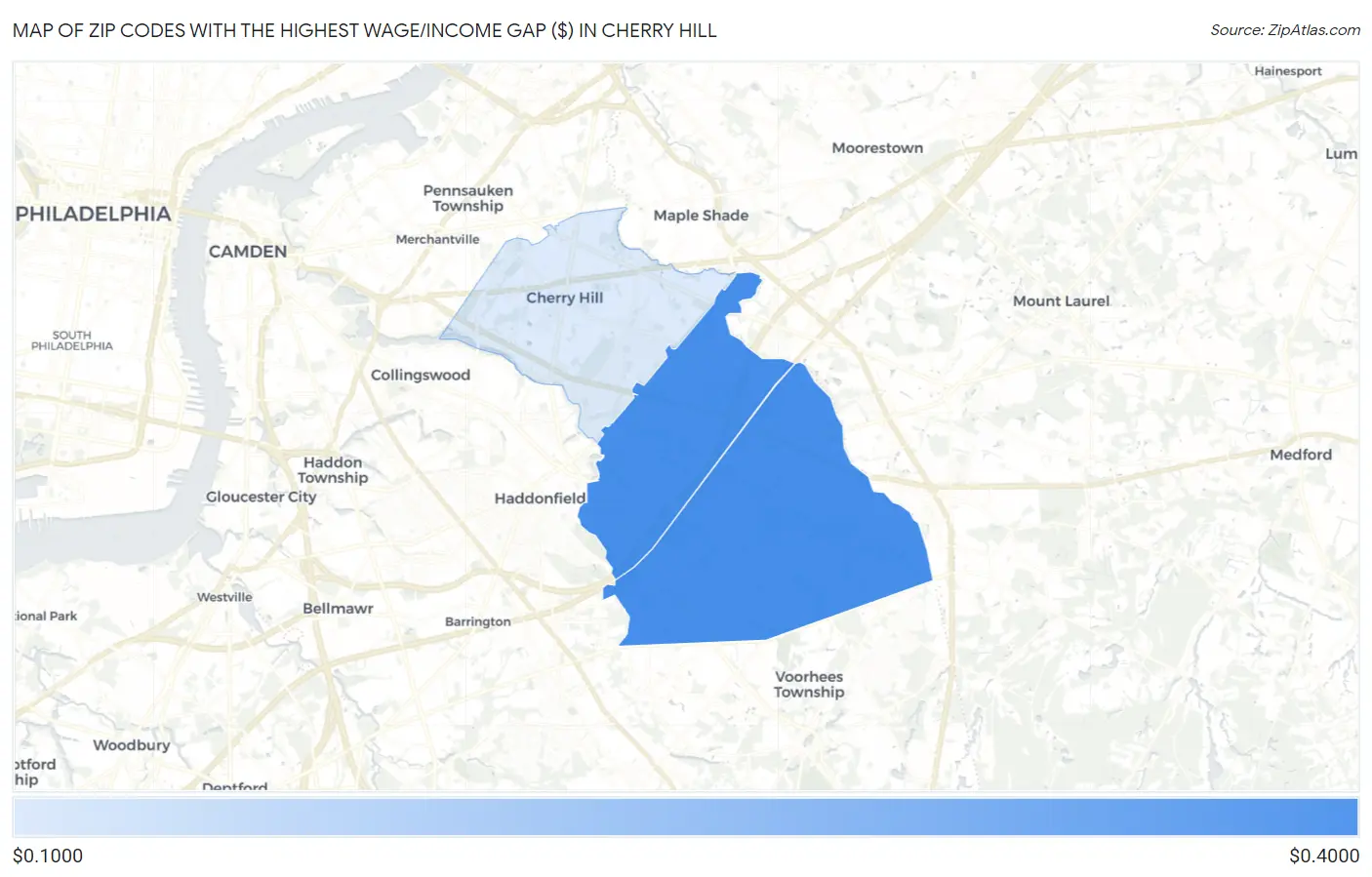 Zip Codes with the Highest Wage/Income Gap ($) in Cherry Hill Map