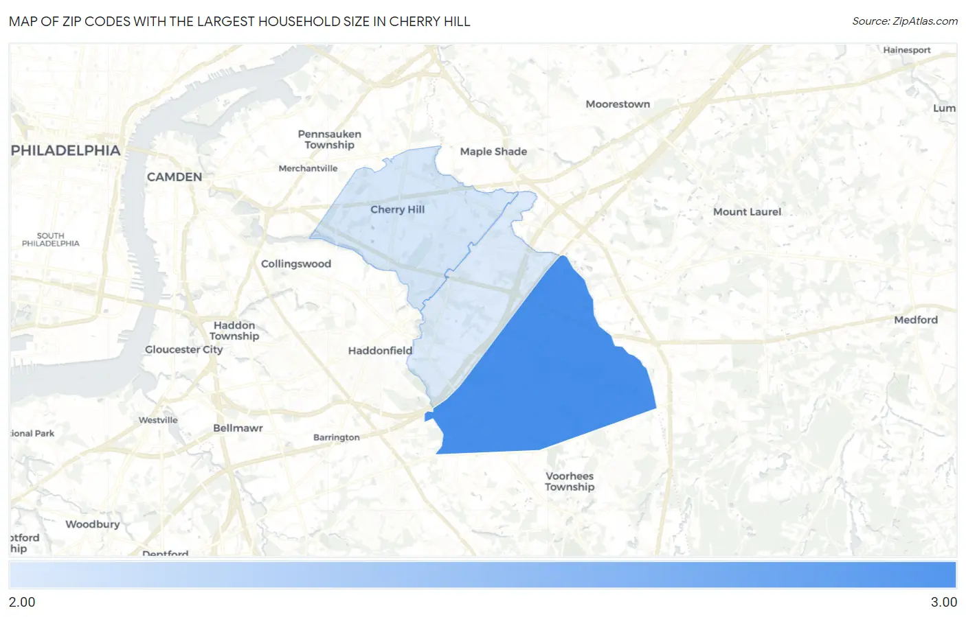 Zip Codes with the Largest Household Size in Cherry Hill Map