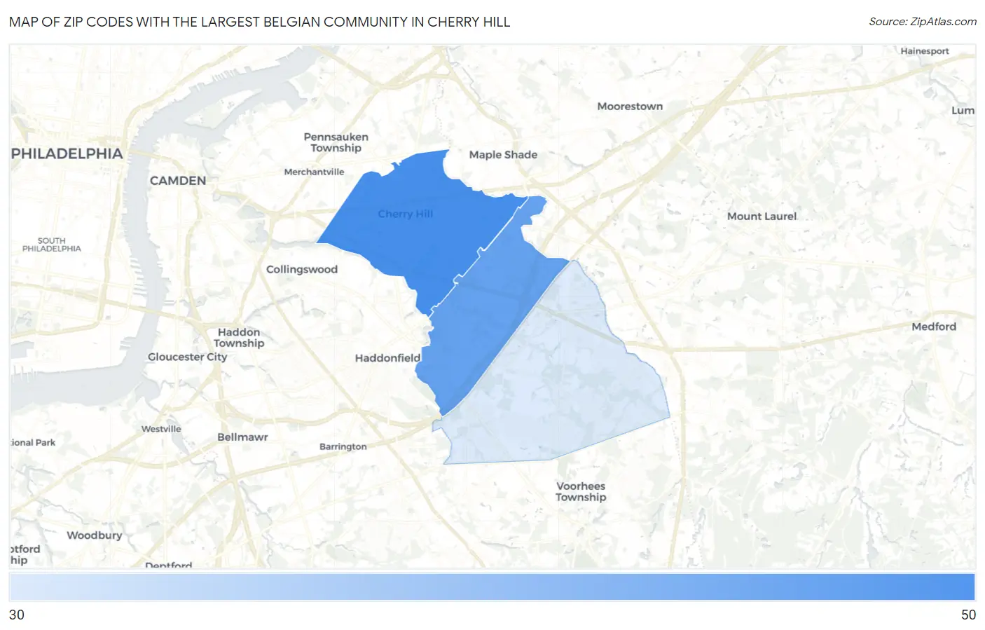 Zip Codes with the Largest Belgian Community in Cherry Hill Map