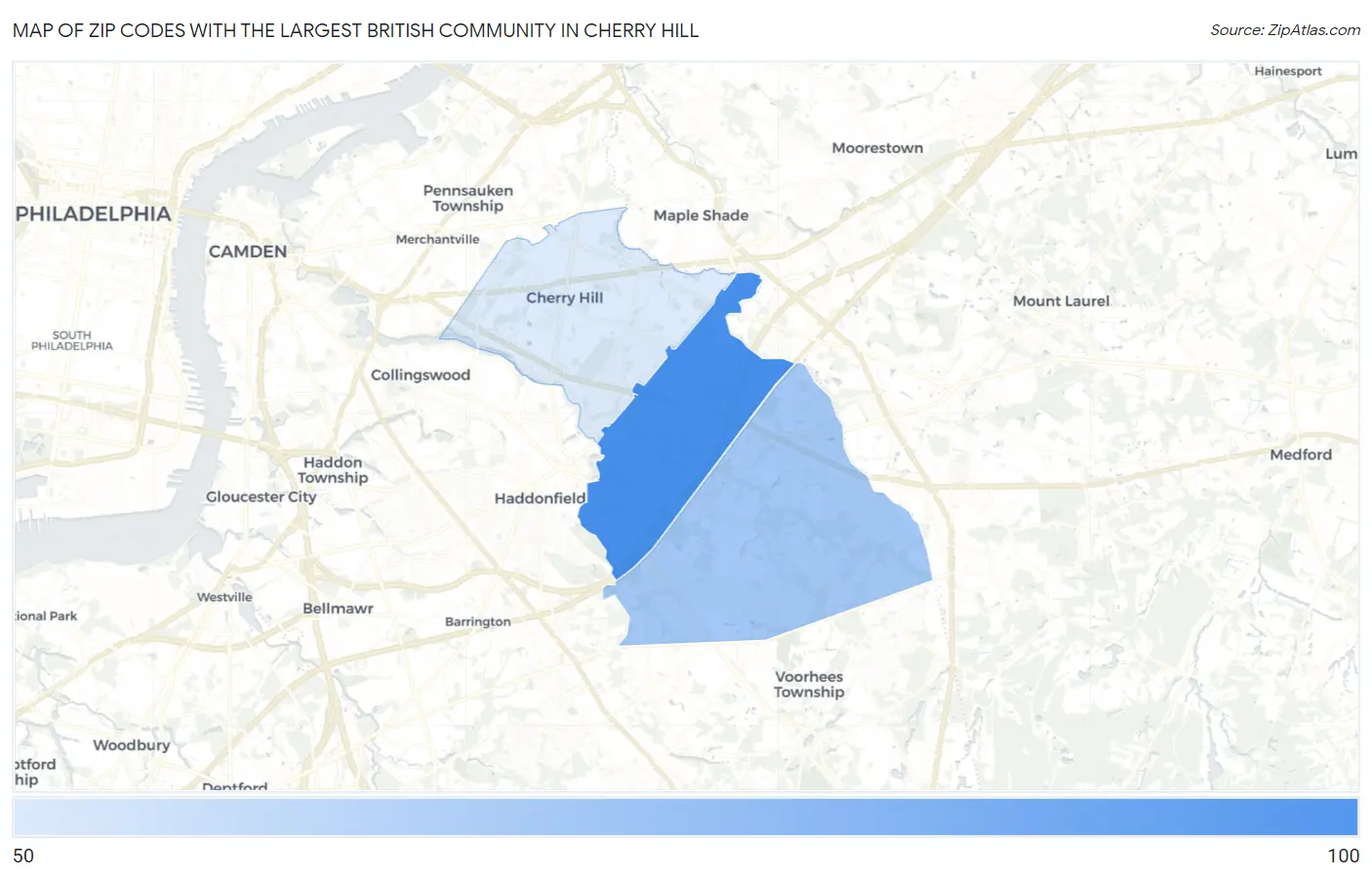 Zip Codes with the Largest British Community in Cherry Hill Map