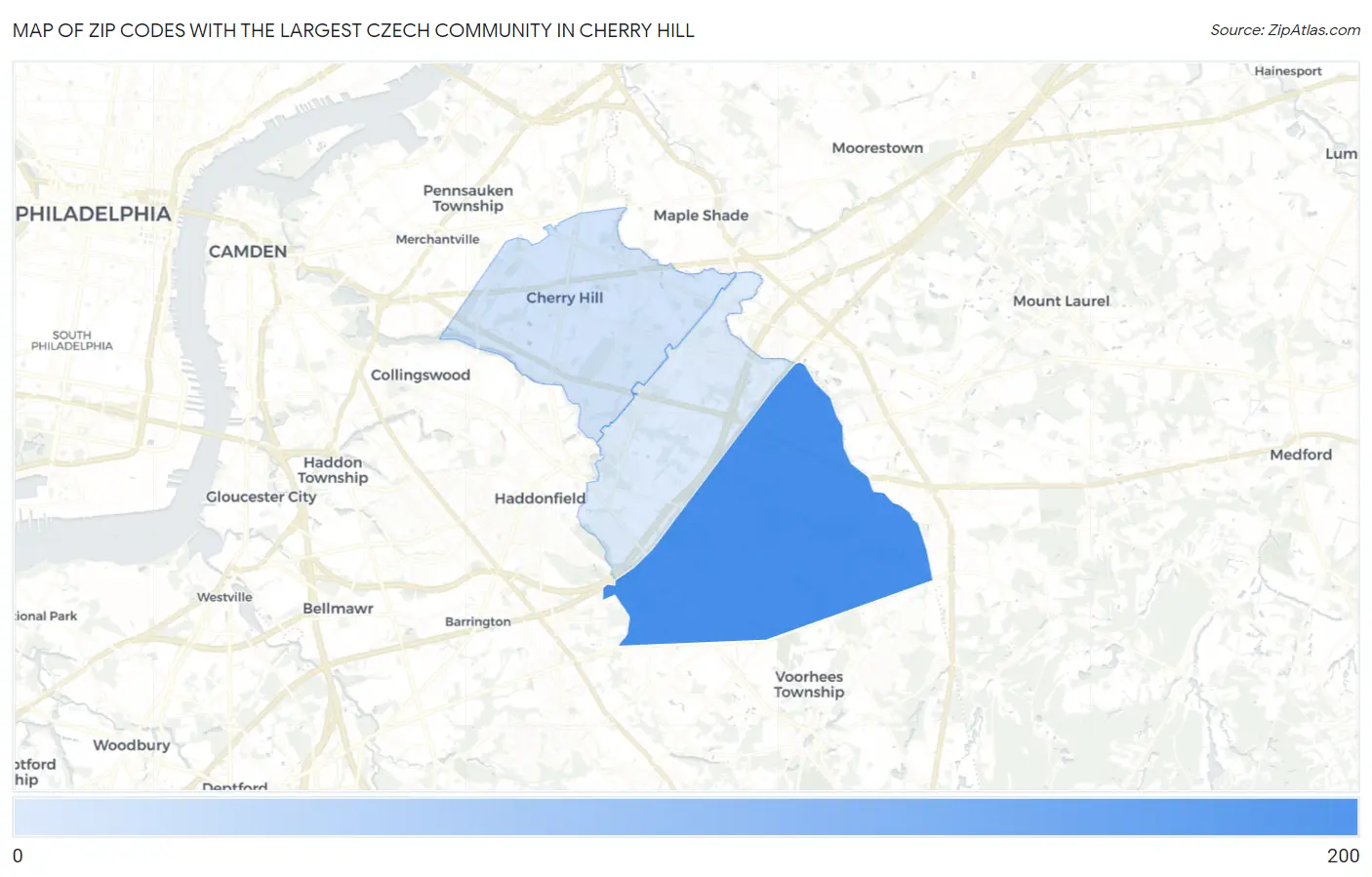 Zip Codes with the Largest Czech Community in Cherry Hill Map