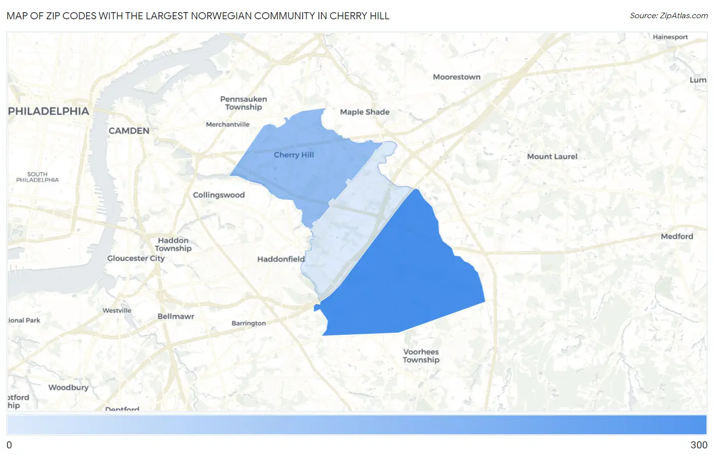 Zip Codes with the Largest Norwegian Community in Cherry Hill Map