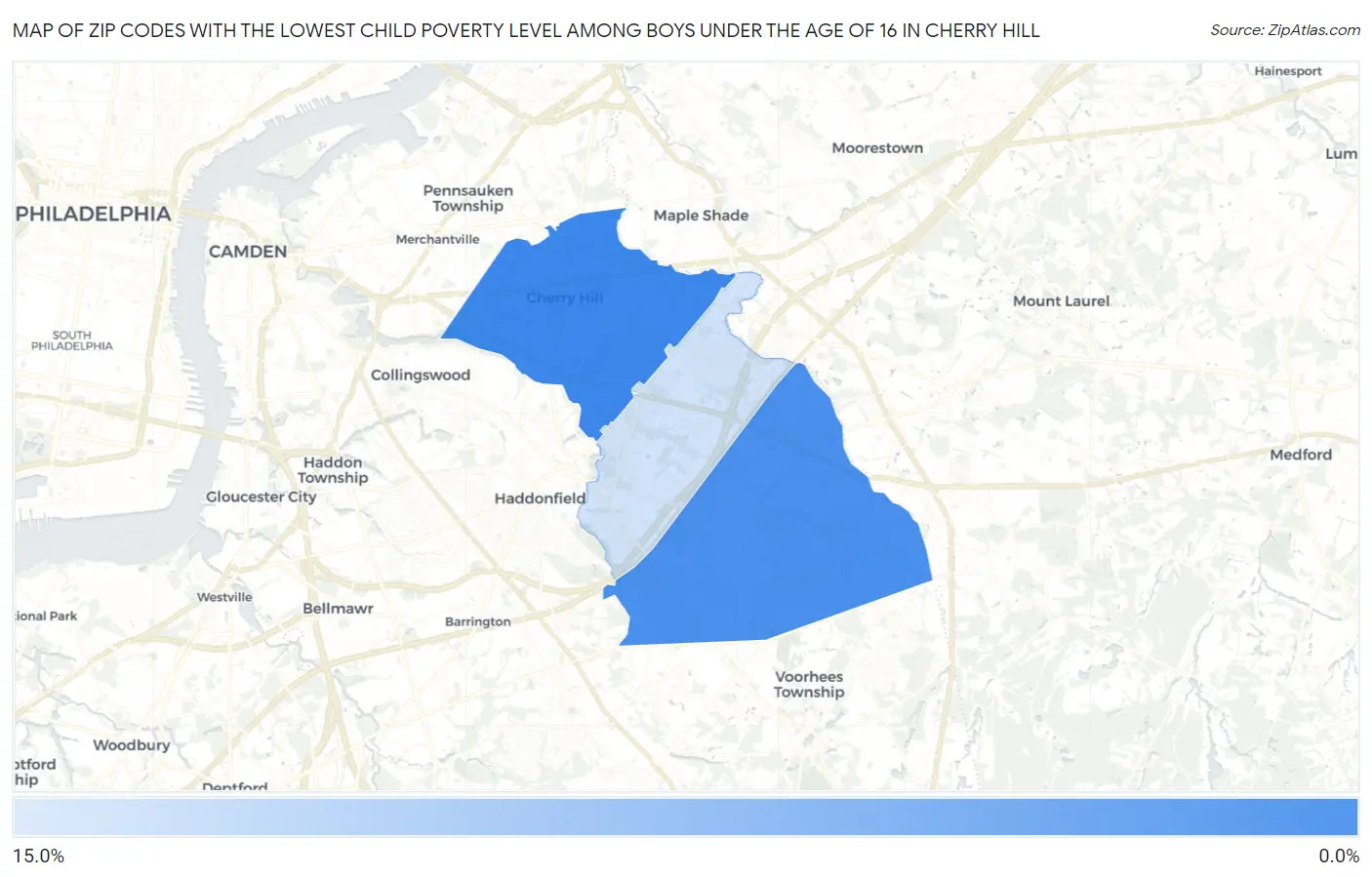 Zip Codes with the Lowest Child Poverty Level Among Boys Under the Age of 16 in Cherry Hill Map
