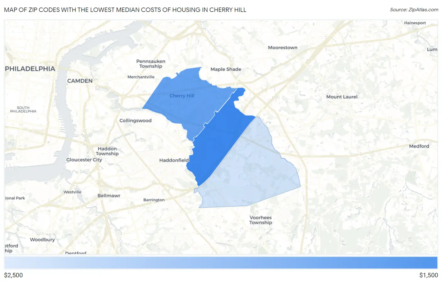 Zip Codes with the Lowest Median Costs of Housing in Cherry Hill Map