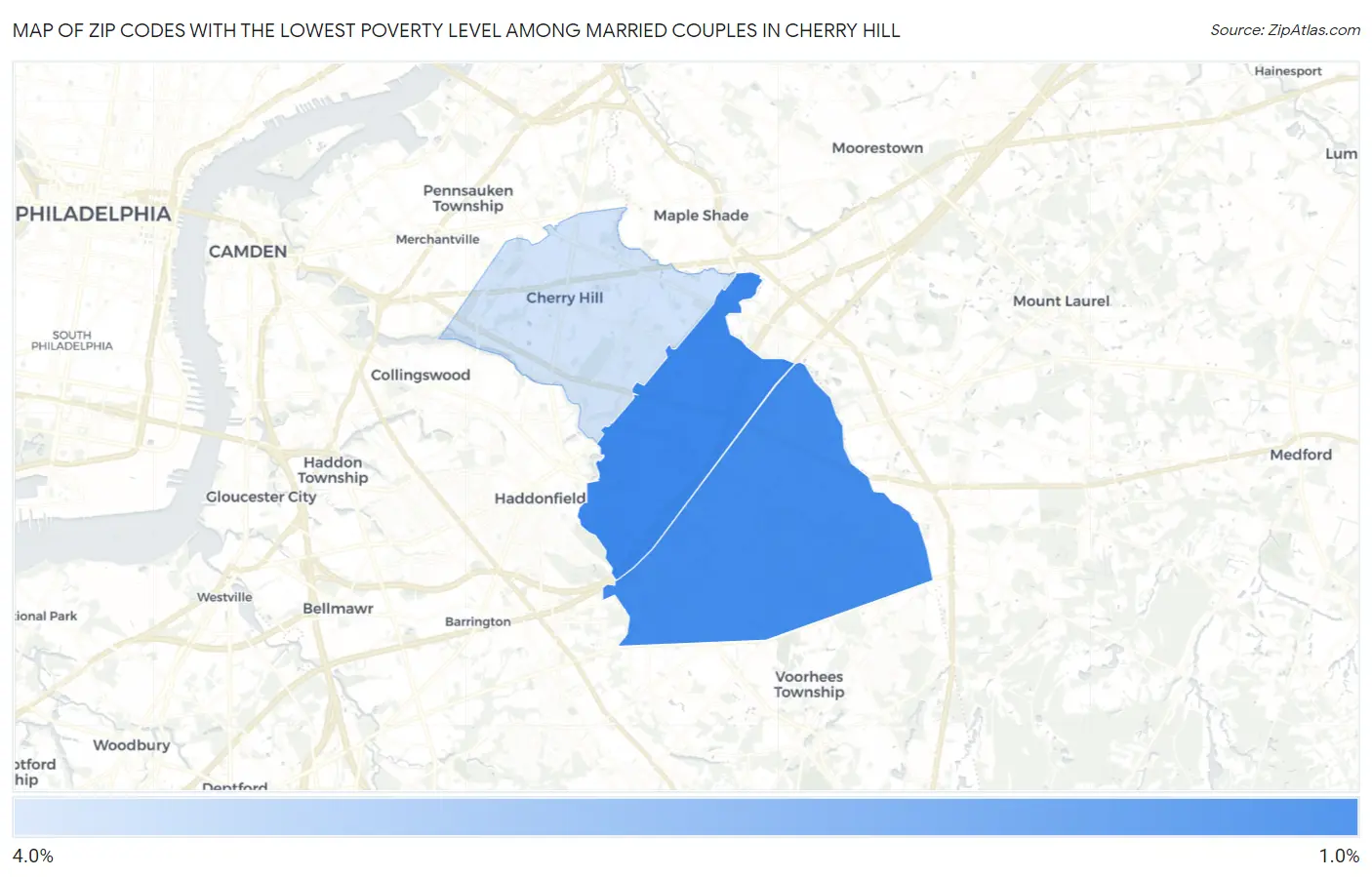 Zip Codes with the Lowest Poverty Level Among Married Couples in Cherry Hill Map