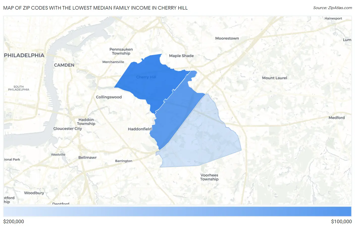 Zip Codes with the Lowest Median Family Income in Cherry Hill Map