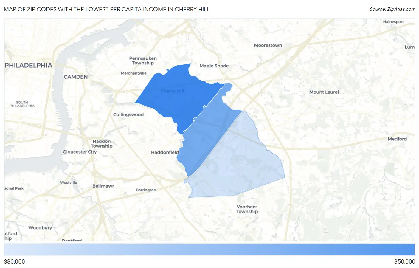 Zip Codes with the Lowest Per Capita Income in Cherry Hill Map
