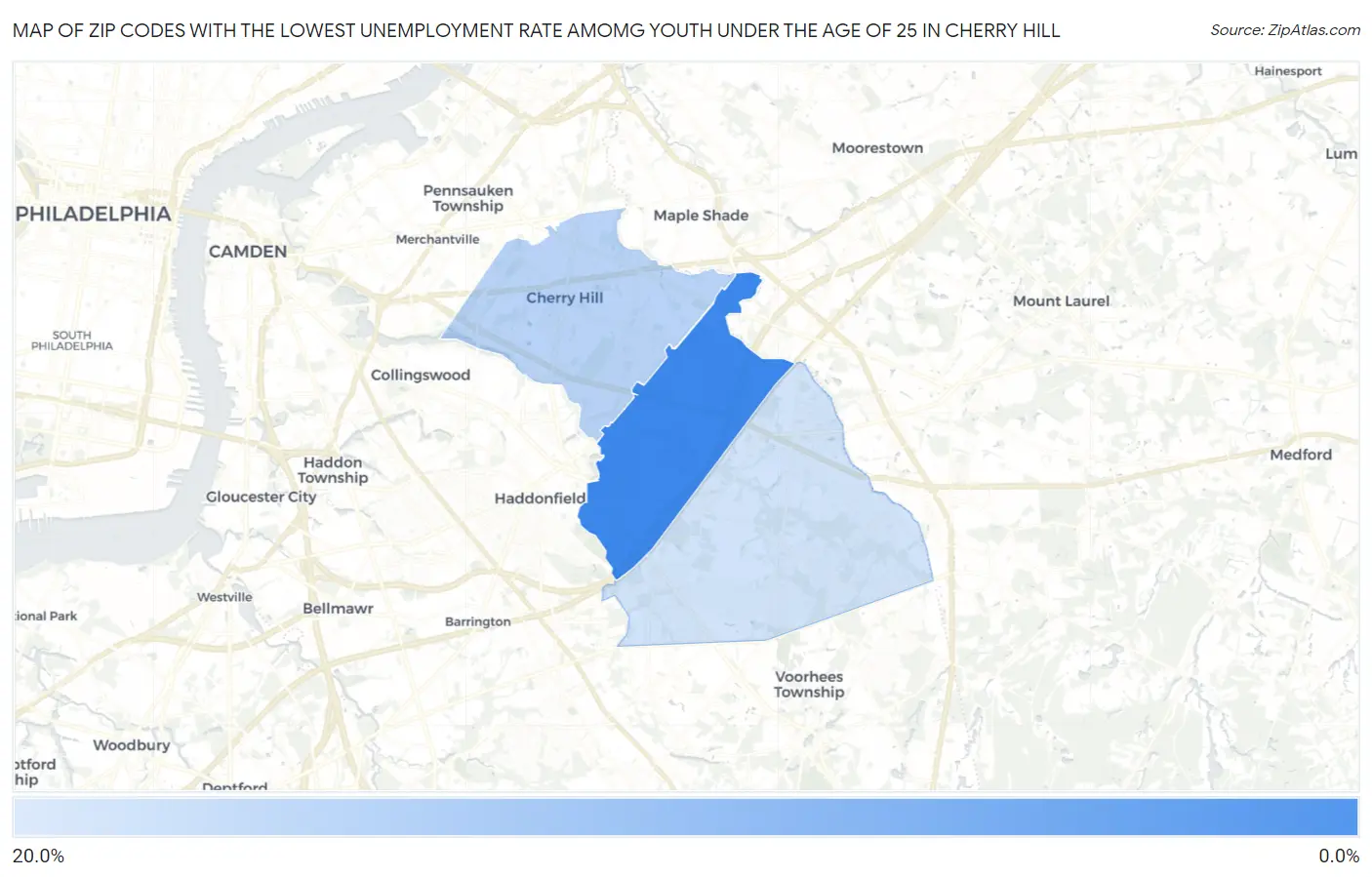 Zip Codes with the Lowest Unemployment Rate Amomg Youth Under the Age of 25 in Cherry Hill Map