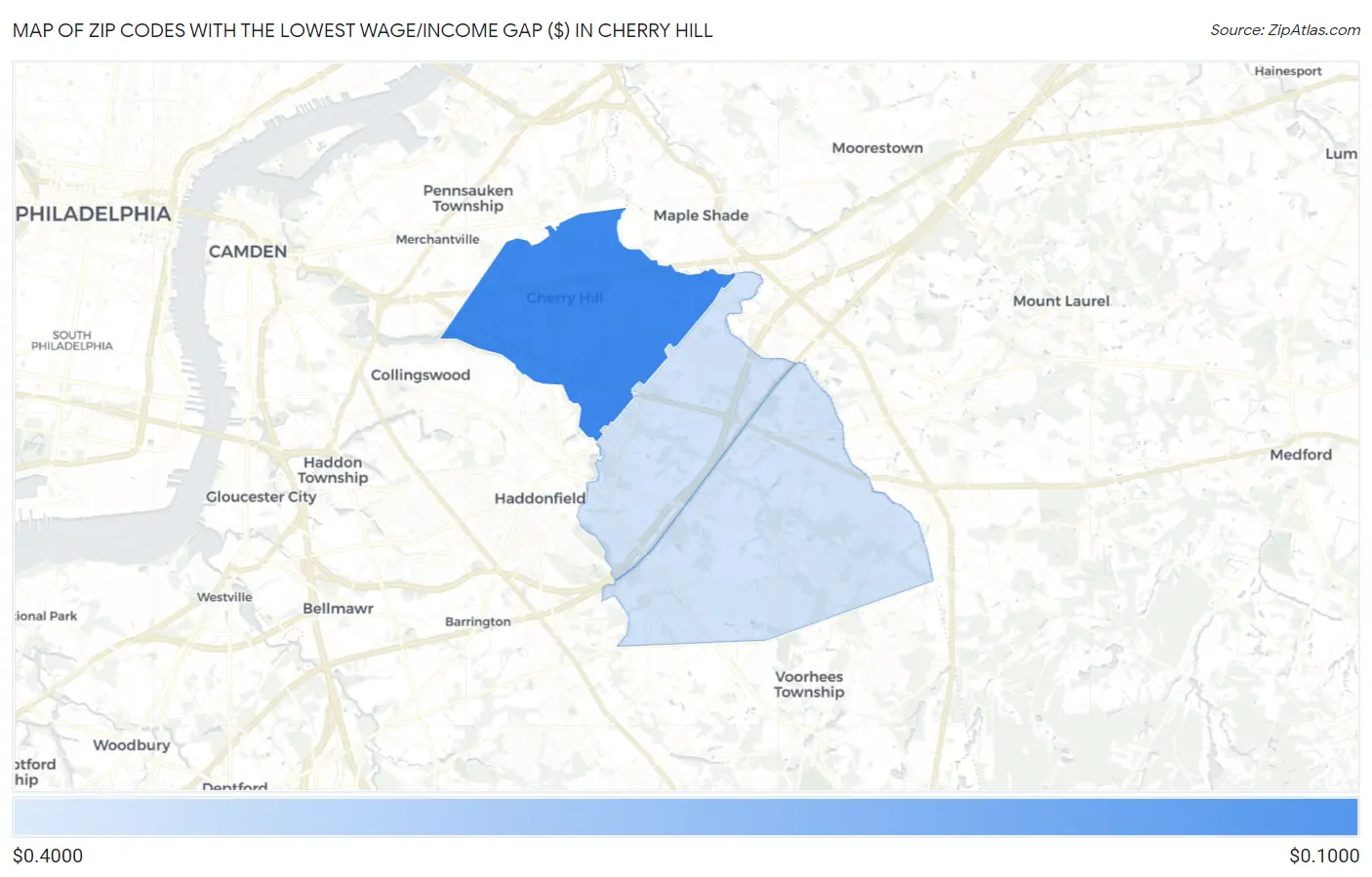 Zip Codes with the Lowest Wage/Income Gap ($) in Cherry Hill Map
