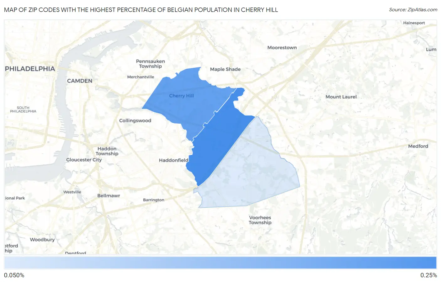 Zip Codes with the Highest Percentage of Belgian Population in Cherry Hill Map