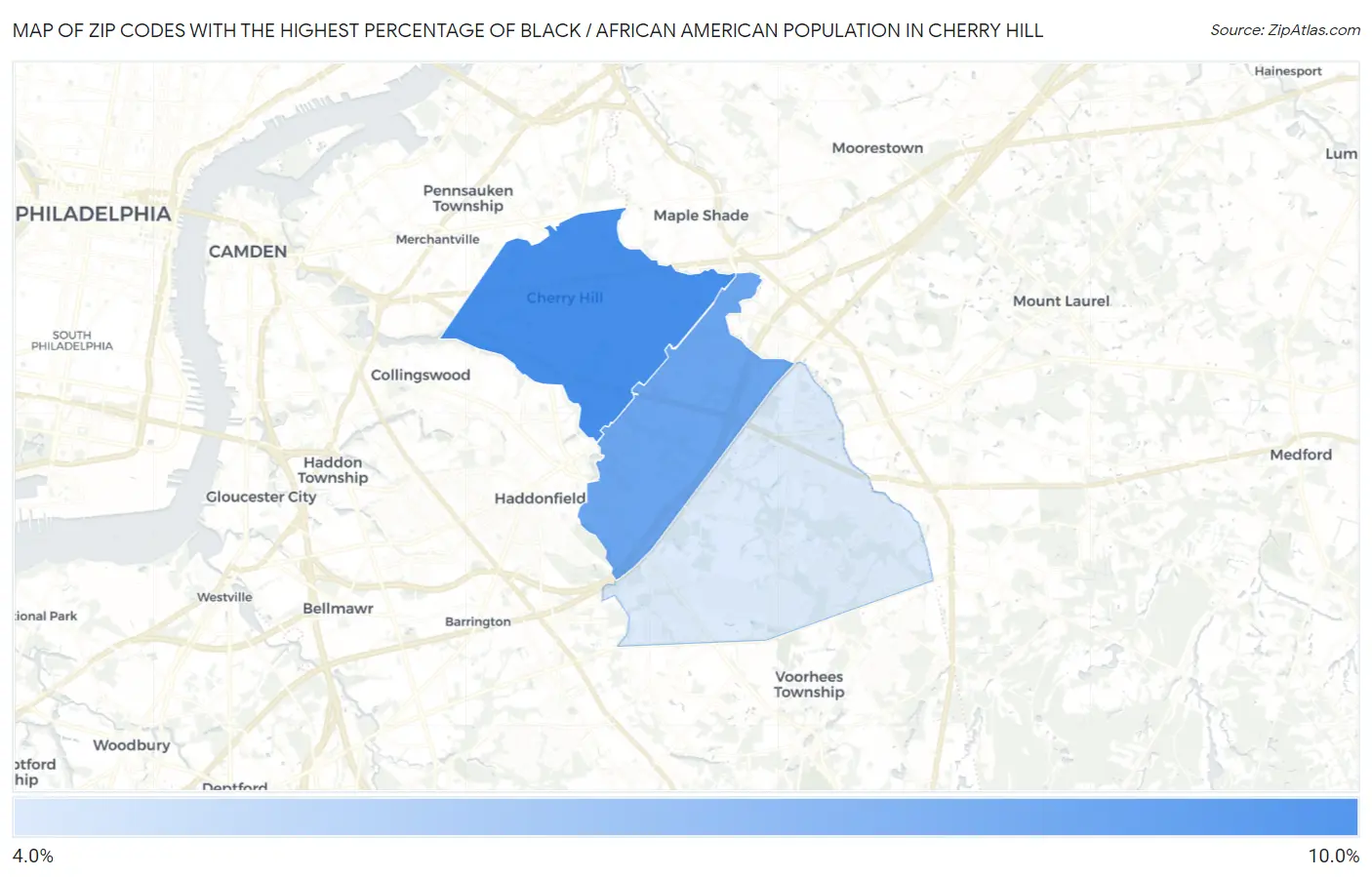 Zip Codes with the Highest Percentage of Black / African American Population in Cherry Hill Map