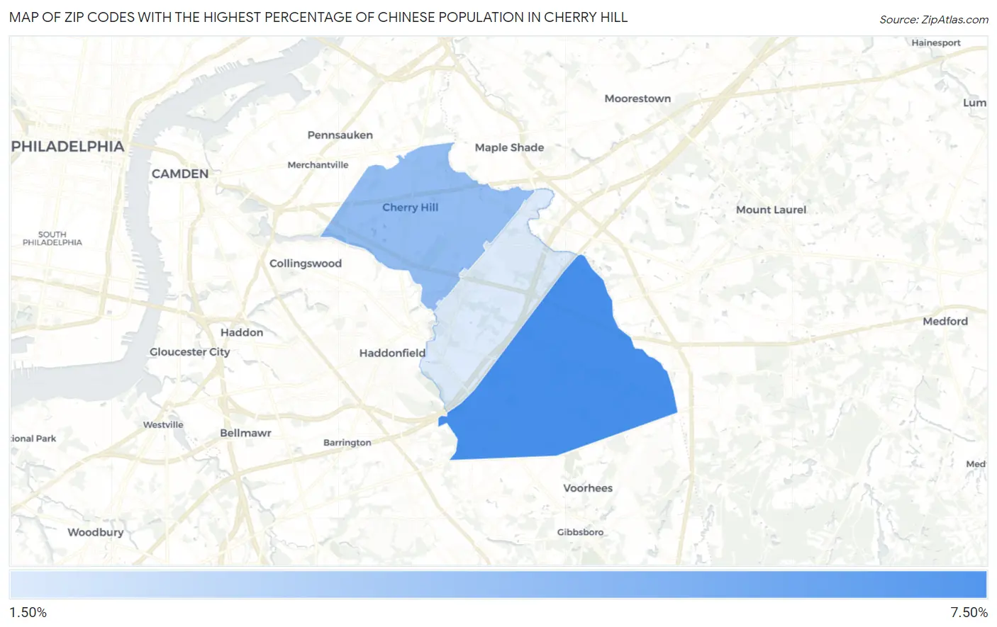 Zip Codes with the Highest Percentage of Chinese Population in Cherry Hill Map