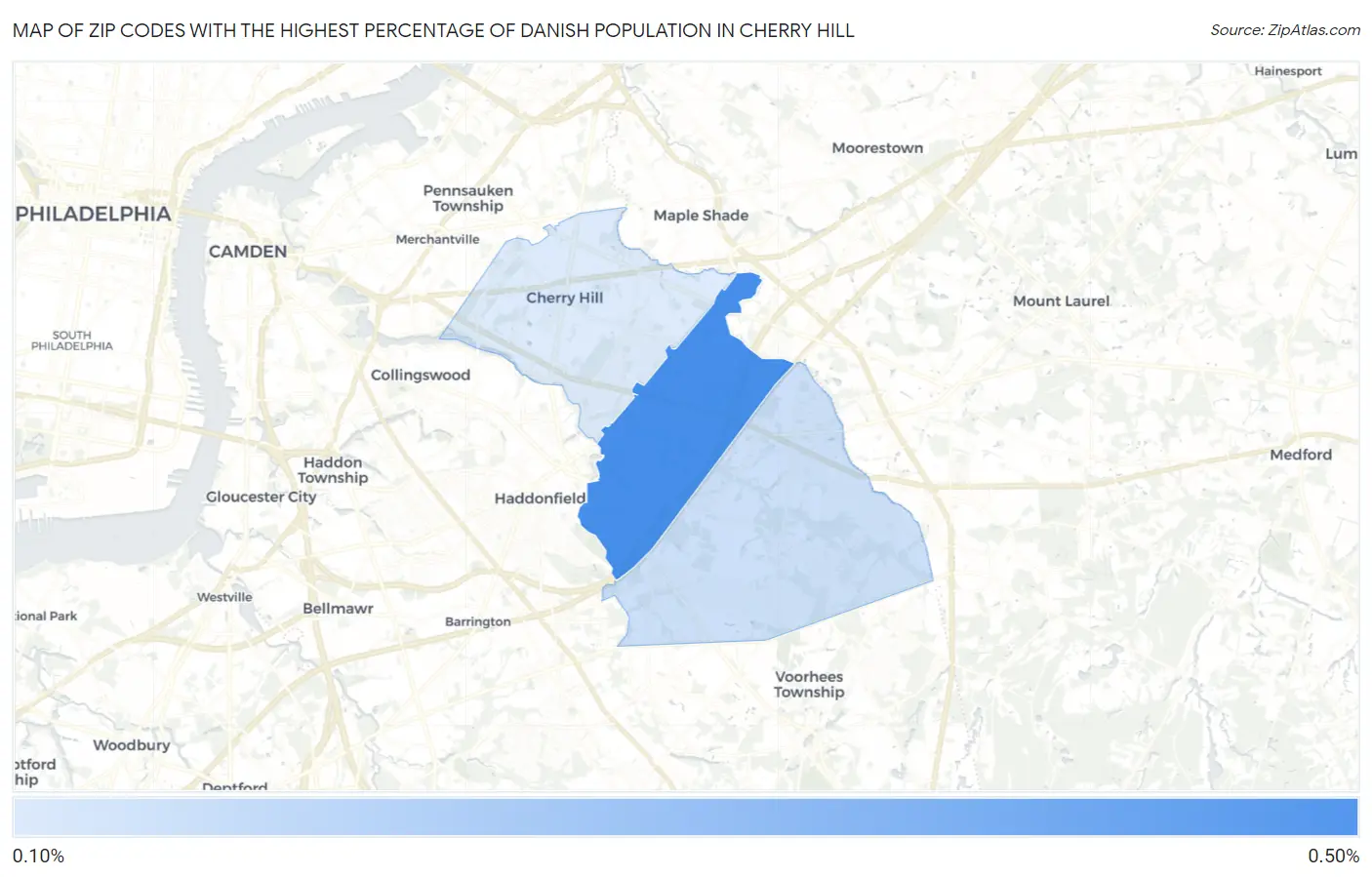 Zip Codes with the Highest Percentage of Danish Population in Cherry Hill Map