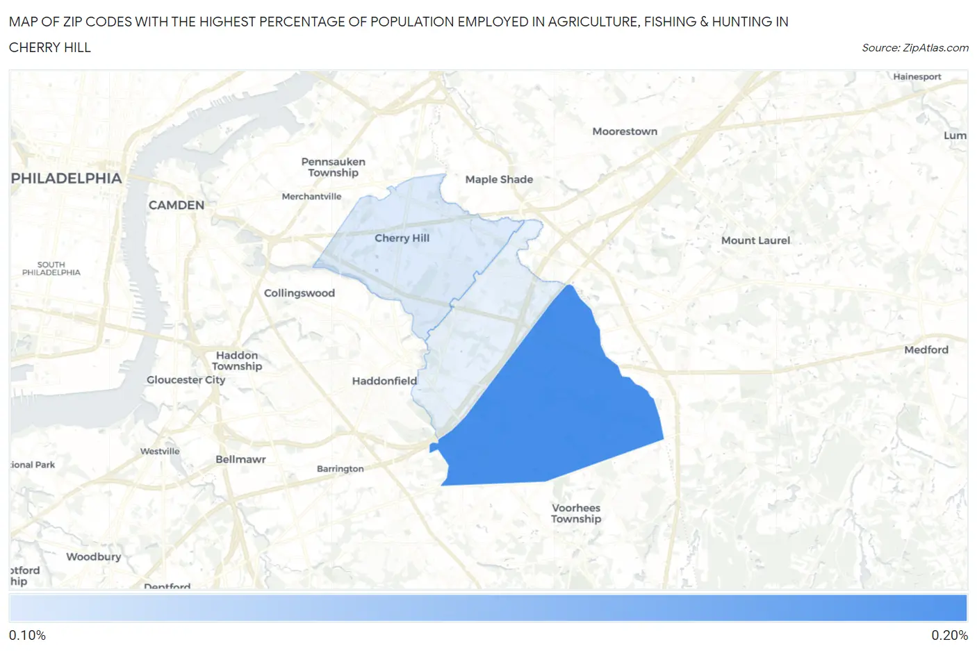 Zip Codes with the Highest Percentage of Population Employed in Agriculture, Fishing & Hunting in Cherry Hill Map