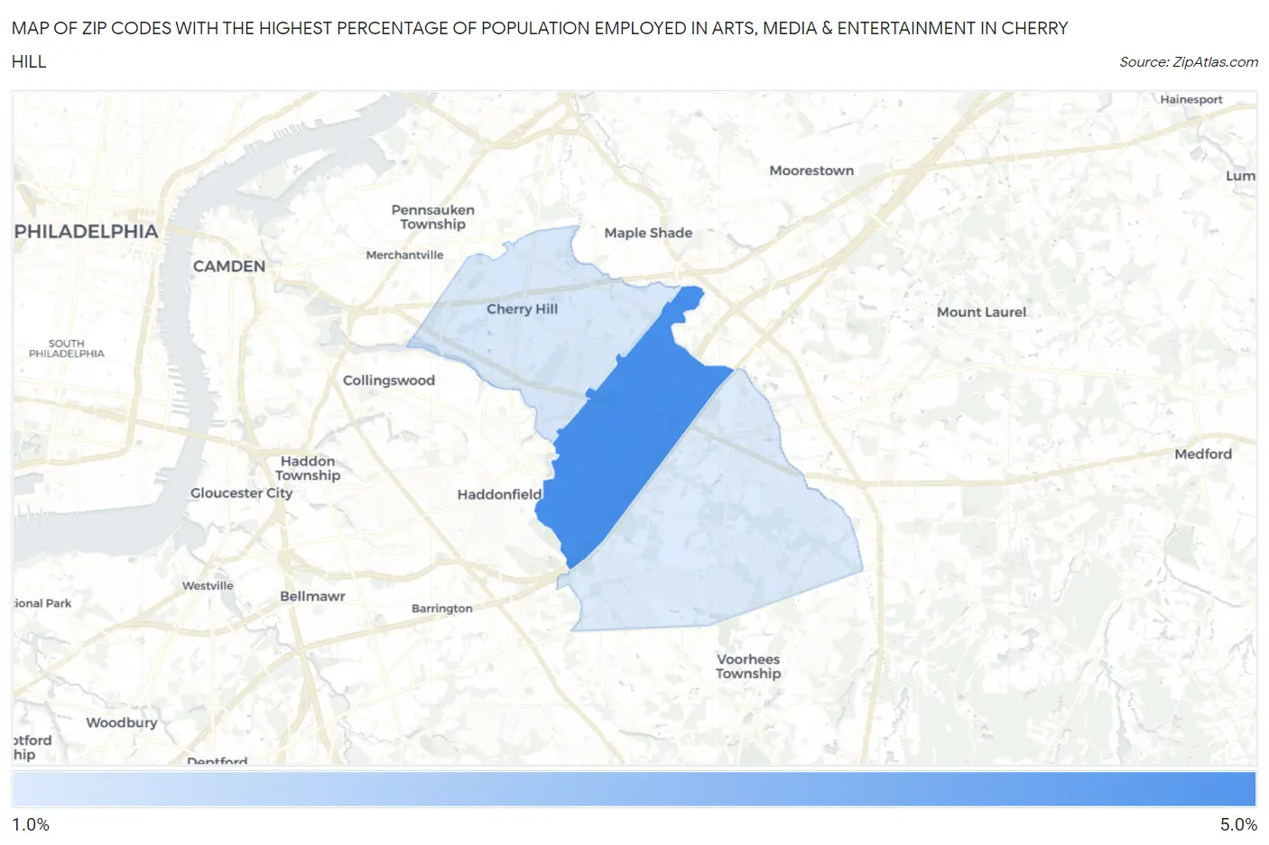 Zip Codes with the Highest Percentage of Population Employed in Arts, Media & Entertainment in Cherry Hill Map