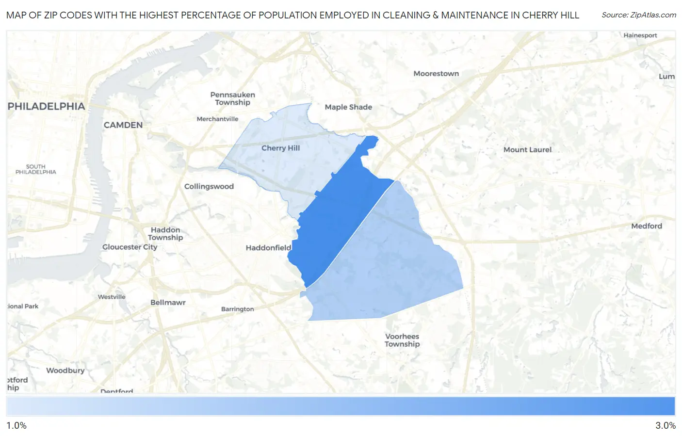 Zip Codes with the Highest Percentage of Population Employed in Cleaning & Maintenance in Cherry Hill Map