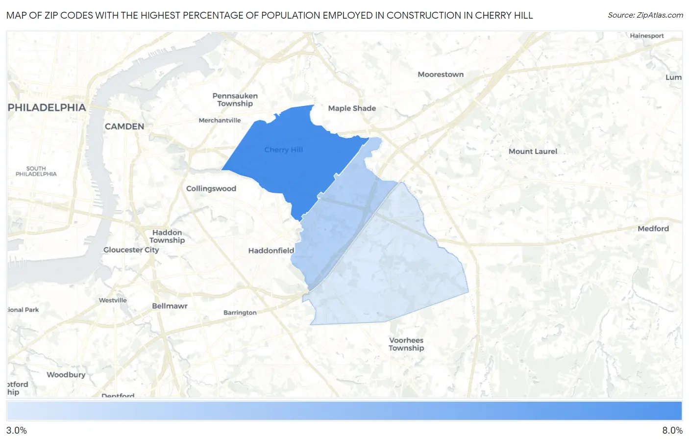 Zip Codes with the Highest Percentage of Population Employed in Construction in Cherry Hill Map