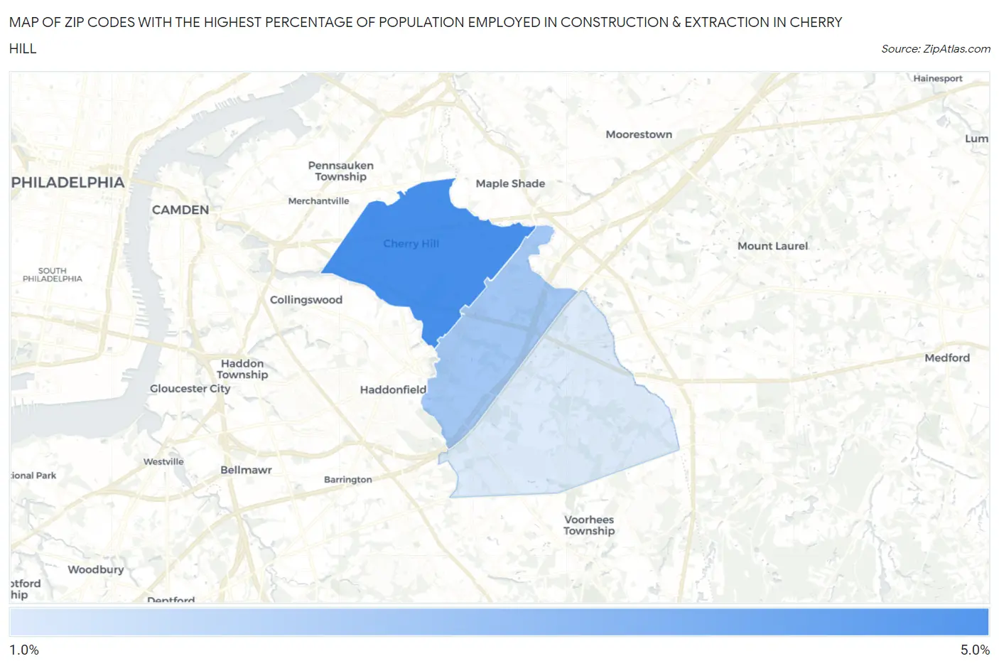 Zip Codes with the Highest Percentage of Population Employed in Construction & Extraction in Cherry Hill Map