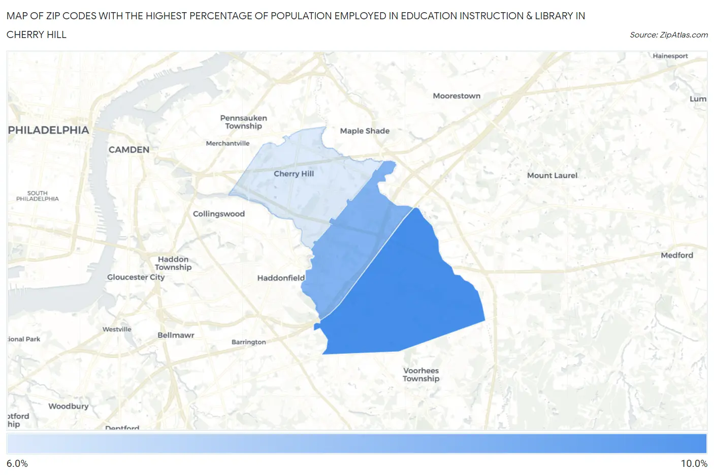 Zip Codes with the Highest Percentage of Population Employed in Education Instruction & Library in Cherry Hill Map