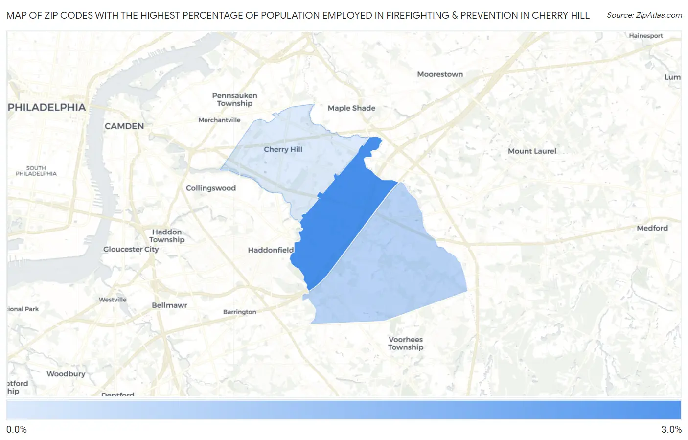 Zip Codes with the Highest Percentage of Population Employed in Firefighting & Prevention in Cherry Hill Map