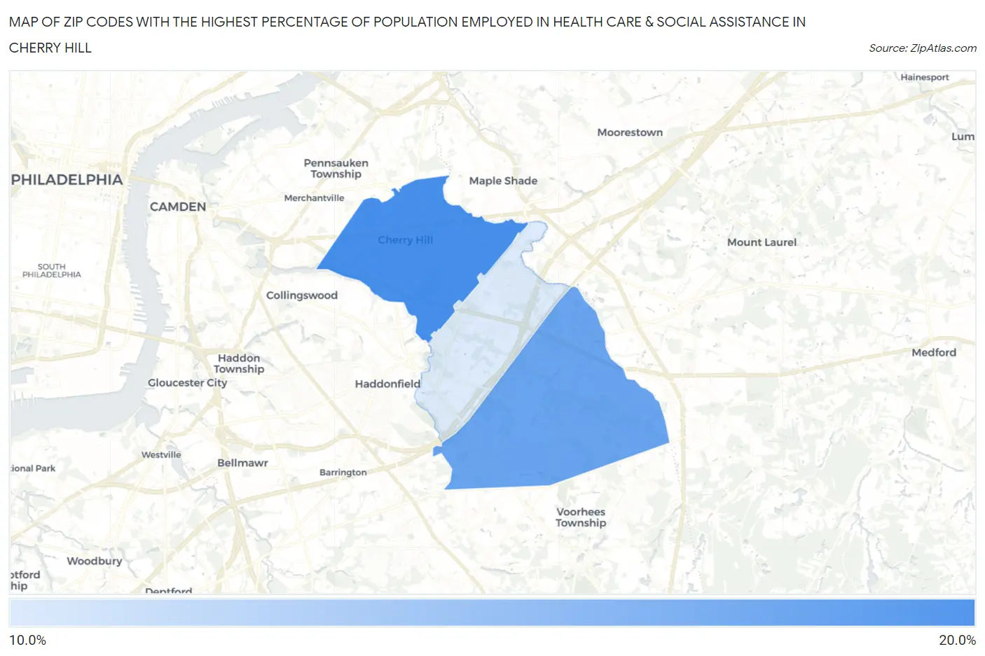 Zip Codes with the Highest Percentage of Population Employed in Health Care & Social Assistance in Cherry Hill Map