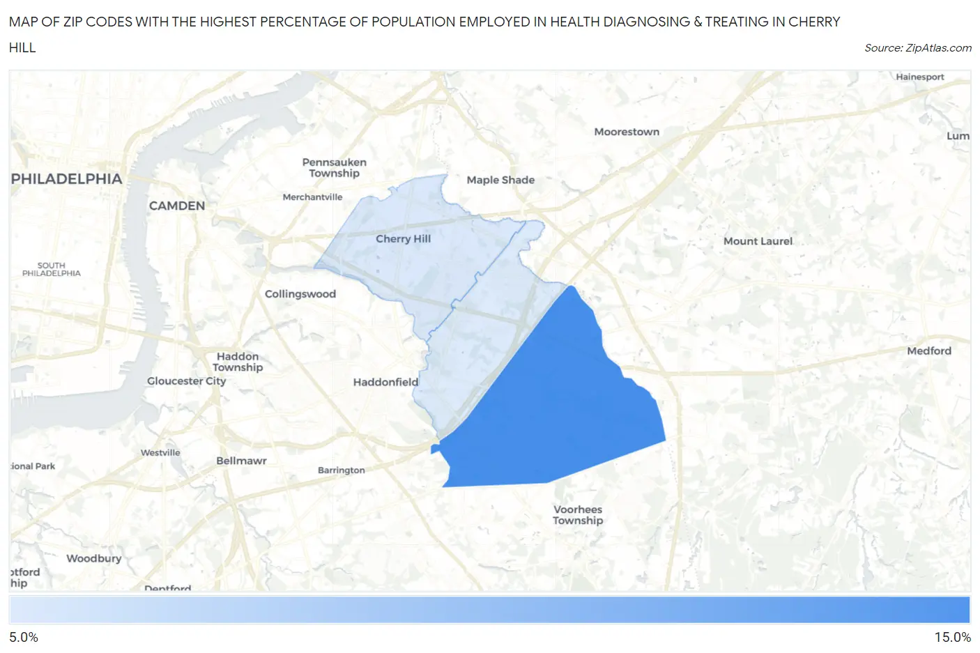Zip Codes with the Highest Percentage of Population Employed in Health Diagnosing & Treating in Cherry Hill Map