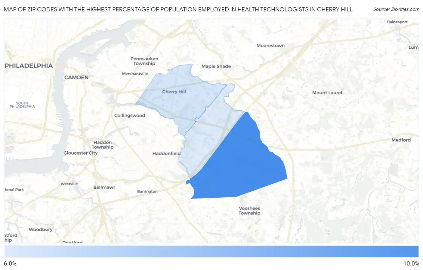 Zip Codes with the Highest Percentage of Population Employed in Health Technologists in Cherry Hill Map