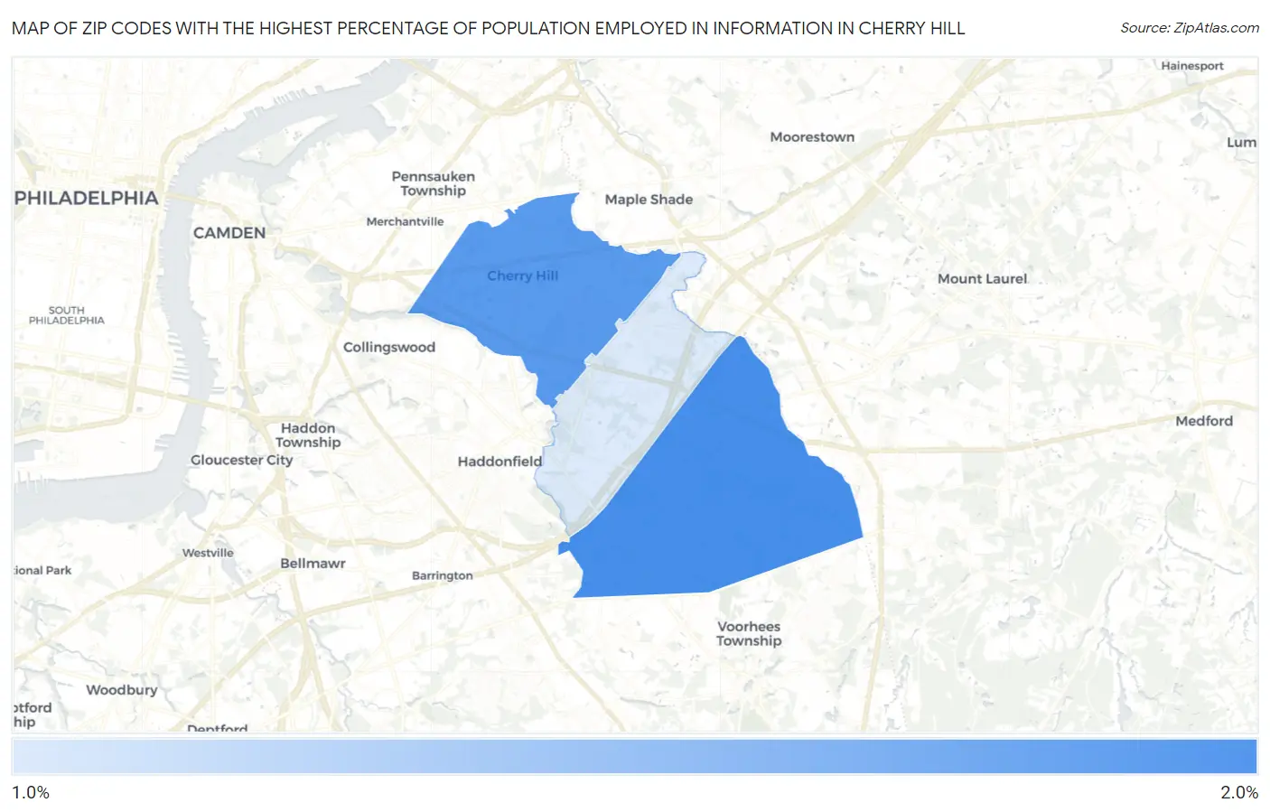 Zip Codes with the Highest Percentage of Population Employed in Information in Cherry Hill Map
