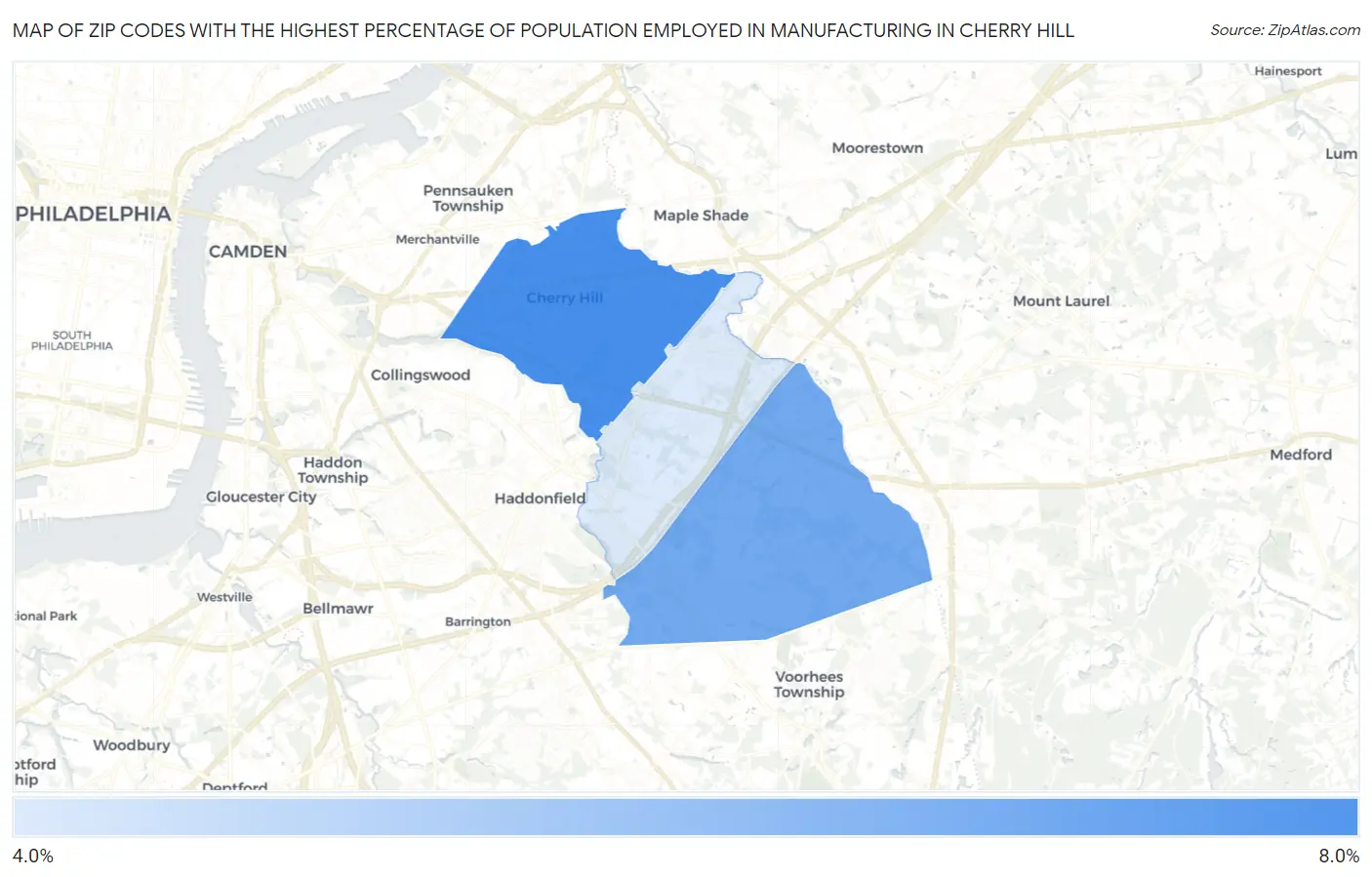 Zip Codes with the Highest Percentage of Population Employed in Manufacturing in Cherry Hill Map