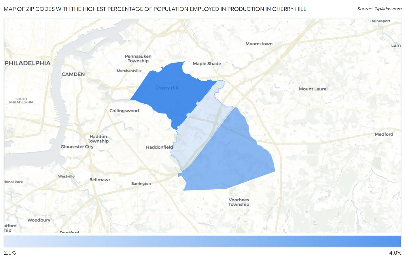 Zip Codes with the Highest Percentage of Population Employed in Production in Cherry Hill Map
