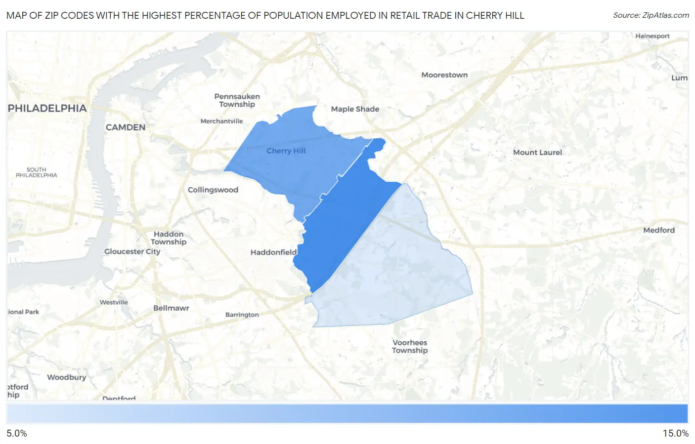 Zip Codes with the Highest Percentage of Population Employed in Retail Trade in Cherry Hill Map