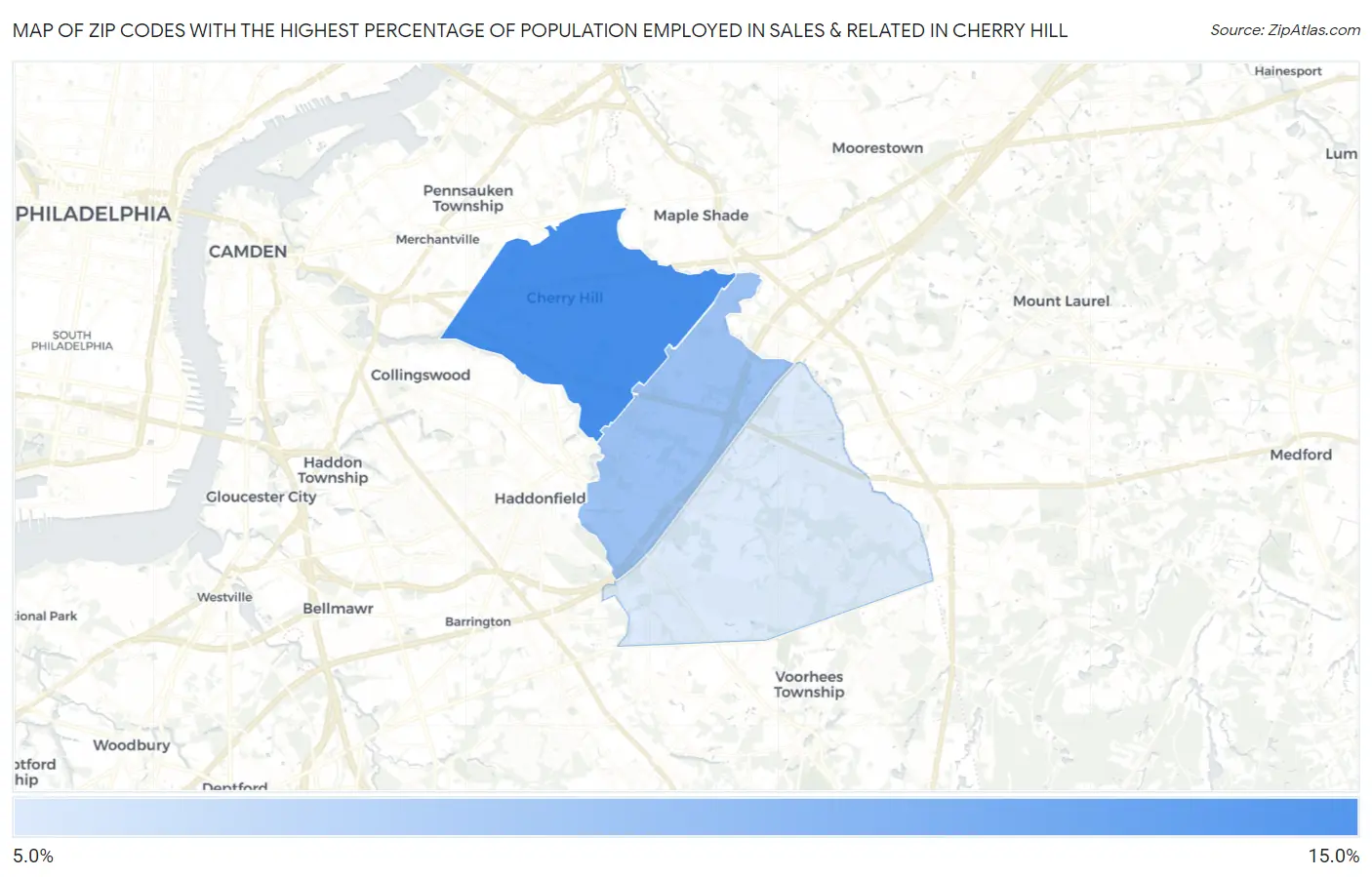 Zip Codes with the Highest Percentage of Population Employed in Sales & Related in Cherry Hill Map
