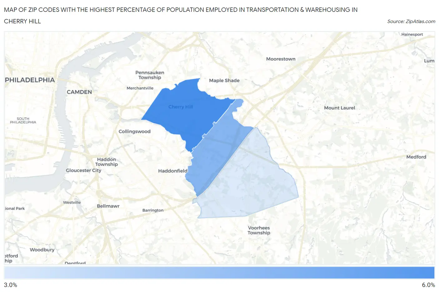 Zip Codes with the Highest Percentage of Population Employed in Transportation & Warehousing in Cherry Hill Map