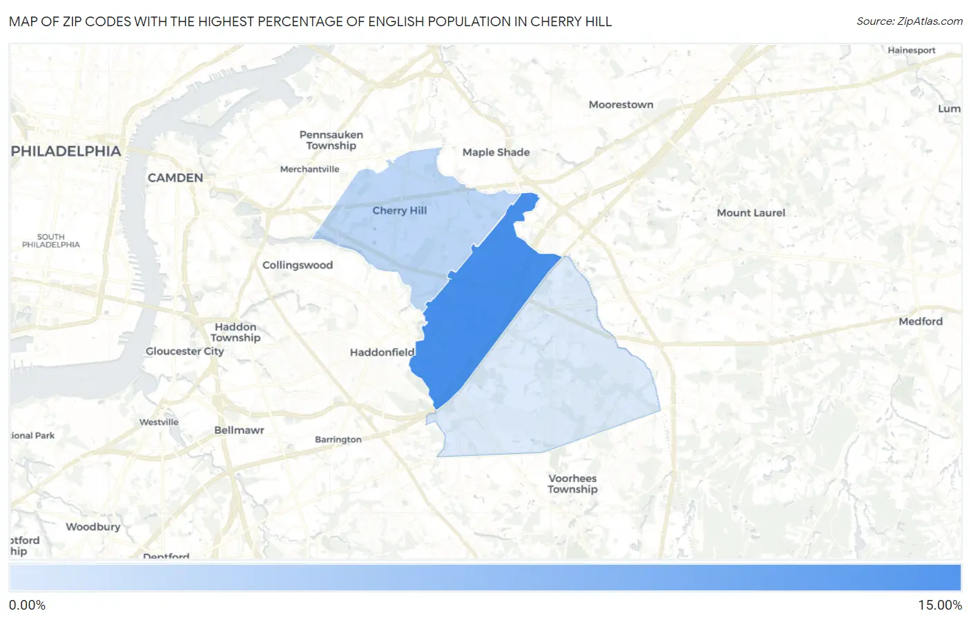 Zip Codes with the Highest Percentage of English Population in Cherry Hill Map