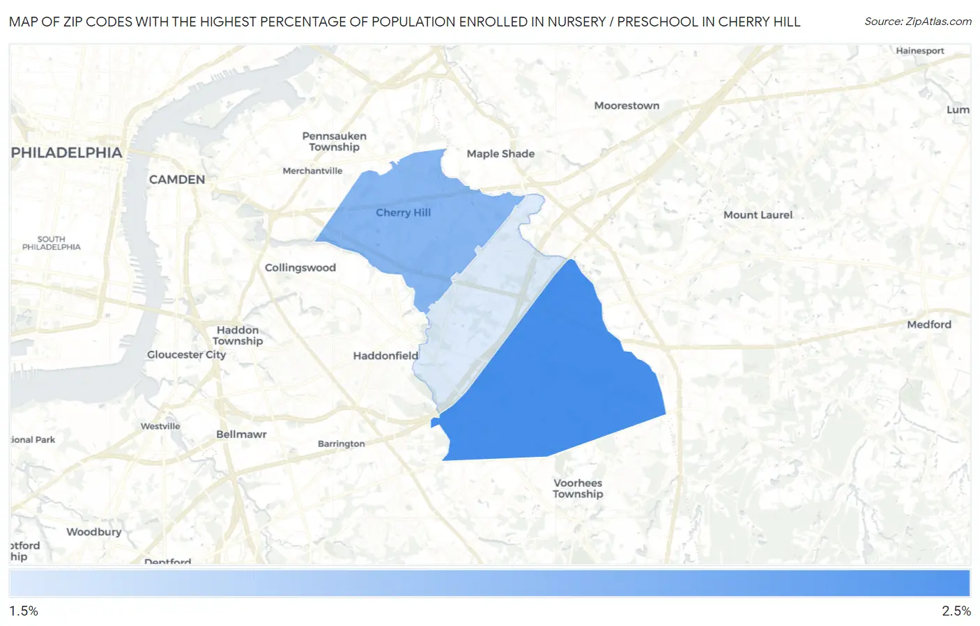 Zip Codes with the Highest Percentage of Population Enrolled in Nursery / Preschool in Cherry Hill Map