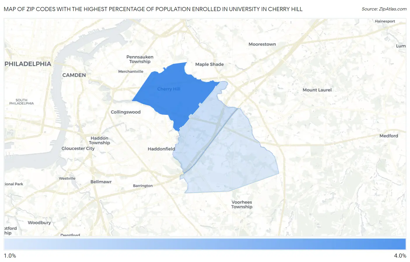 Zip Codes with the Highest Percentage of Population Enrolled in University in Cherry Hill Map