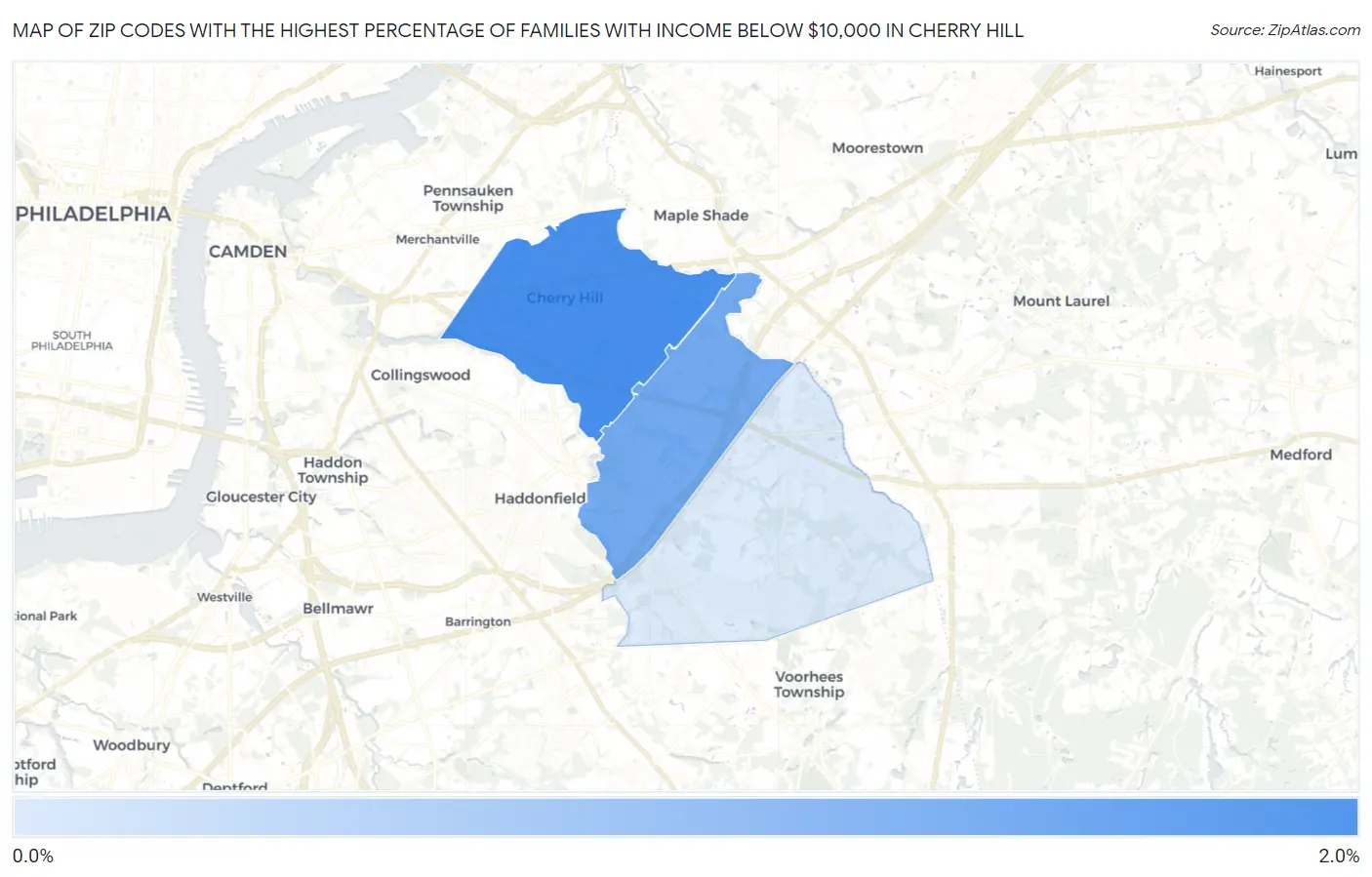 Zip Codes with the Highest Percentage of Families with Income Below $10,000 in Cherry Hill Map